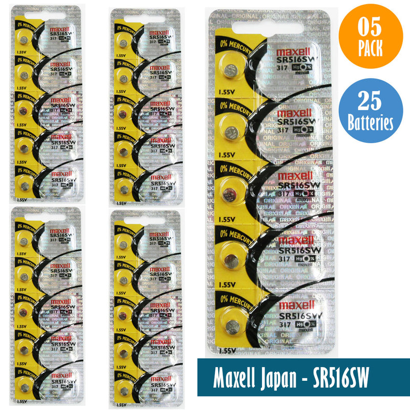 Load image into Gallery viewer, Maxell Japan - SR516SW (317) Watch Batteries Single Pack, 5 Batteries
