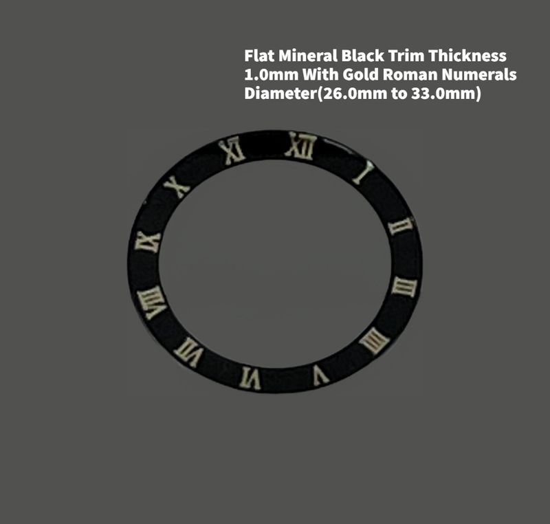 Load image into Gallery viewer, Watch Crystal Flat Round Mineral Glass Crystal Black Trim With Gold Roman Numerals Thick 1.0mm Diameter(26.0mm to 33.0mm)
