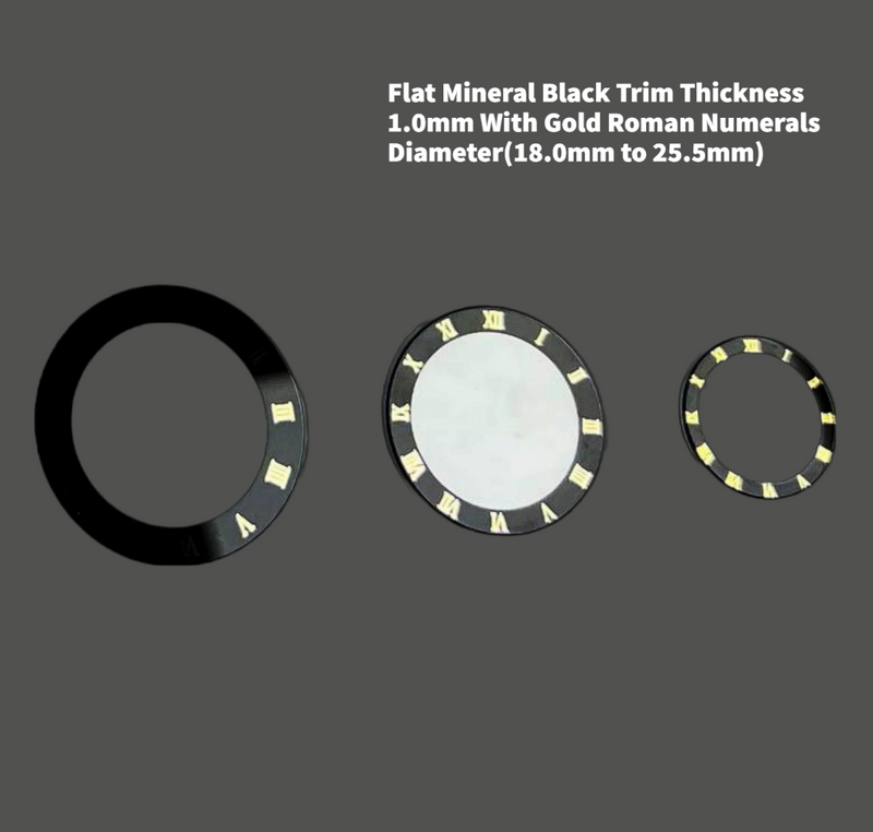 Load image into Gallery viewer, Watch Crystal Flat Round Mineral Glass Crystal Black Trim With Gold Roman Numerals Thick 1.0mm Diameter(18.0mm to 25.5mm)
