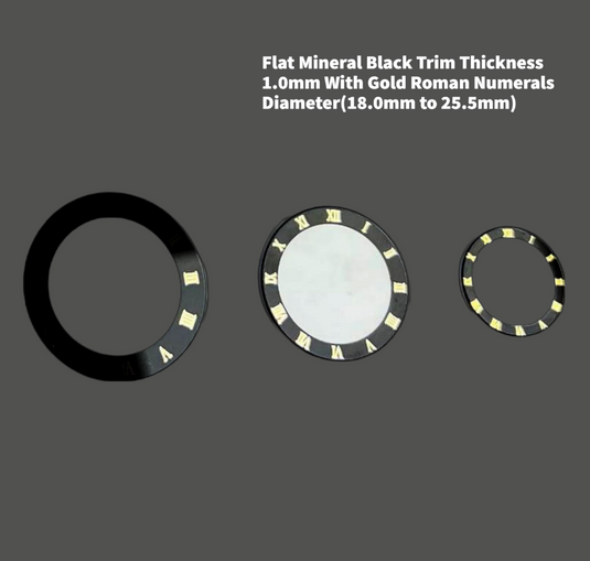 Watch Crystal Flat Round Mineral Glass Crystal Black Trim With Gold Roman Numerals Thick 1.0mm Diameter(18.0mm to 25.5mm)