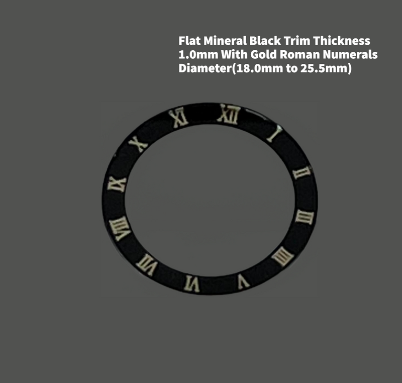 Load image into Gallery viewer, Watch Crystal Flat Round Mineral Glass Crystal Black Trim With Gold Roman Numerals Thick 1.0mm Diameter(18.0mm to 25.5mm)
