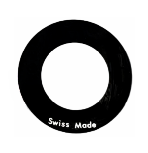 Load image into Gallery viewer, Mineral Crystals to Fit Calvin Klein(CK) Round Single Domed Black Trim(Trim Size: 6.6mm)w/White Text &quot;Swiss Made&quot; (34.5×2.93×1.3)mm→(Diameter×Middle Thick×Edge Thick)
