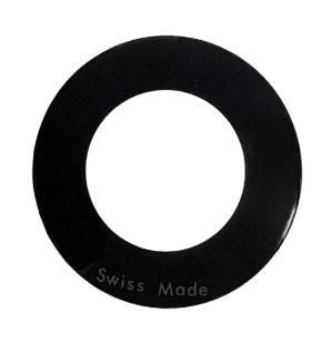 Load image into Gallery viewer, Mineral Crystals to Fit Calvin Klein(CK) Round Single Domed Black Trim(Trim Size: 6.6mm)w/White Text &quot;Swiss Made&quot; (34.5×2.93×1.3)mm→(Diameter×Middle Thick×Edge Thick)
