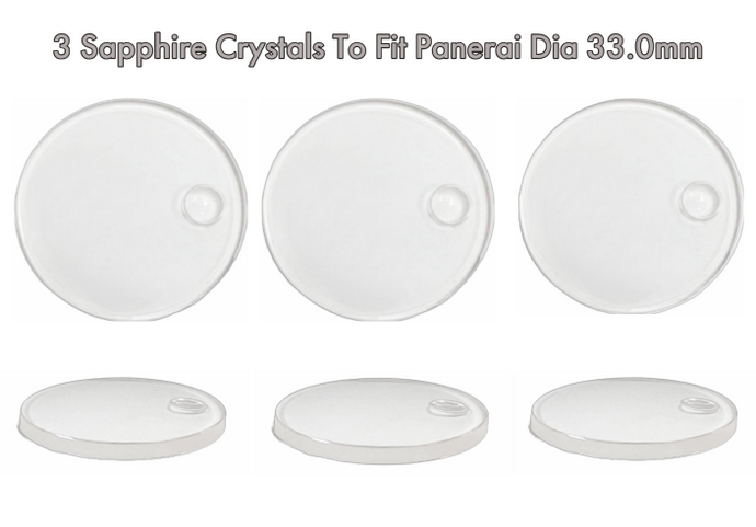 3PCS Sapphire Generic Crystals to Fit PANERAI Double Domed Round Shape with Date(Cyclop) (33.0×3.2×2.5)mm→(Diameter ×Dome Thick×Edge Thick)