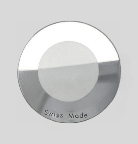 Mineral Crystals to Fit Calvin Klein(CK) Round Single Domed Silver Trim(Trim Size: 6.6mm)w/Black Text "Swiss Made" (34.5×2.93×1.3)mm→(Diameter×Middle Thick×Edge Thick) - Universal Jewelers & Watch Tools Inc.