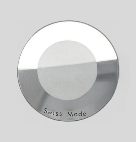 Load image into Gallery viewer, Mineral Crystals to Fit Calvin Klein(CK) Round Single Domed Silver Trim(Trim Size: 6.6mm)w/Black Text &quot;Swiss Made&quot; (34.5×2.93×1.3)mm→(Diameter×Middle Thick×Edge Thick)
