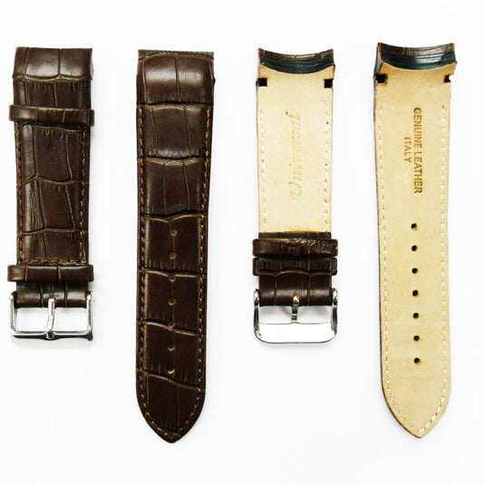 Alligator Curved Genuine Leather Watch Strap, 24MM, Brown Color, Padded, Brown Stitched, Regular Size, Silver Buckle, Watch Band Replacement