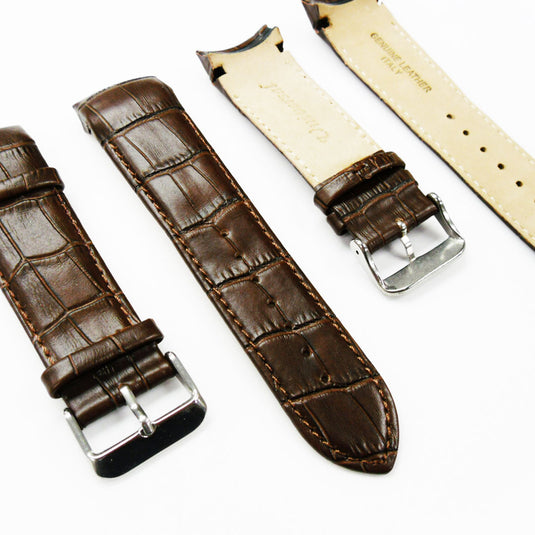 Alligator Curved Genuine Leather Watch Strap, 24MM, Brown Color, Padded, Brown Stitched, Regular Size, Silver Buckle, Watch Band Replacement