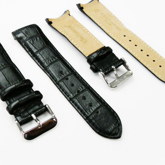 Alligator Curved Genuine Leather Watch Strap, 24MM, Black Color, Padded, Black Stitched, Regular Size, Silver Buckle, Watch Band Replacement