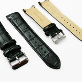 Alligator Curved Genuine Leather Watch Strap, 23MM, Black Color, Padded, Black Stitched, Regular Size, Silver Buckle, Watch Band Replacement