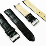 Alligator Curved Genuine Leather Watch Strap, Black Color, 22MM, Padded, Black Stitched, Regular Size, Silver Buckle, Watch Band Replacement