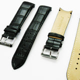 Alligator Curved Genuine Leather Watch Strap, Black Color, 22MM, Padded, Black Stitched, Regular Size, Silver Buckle, Watch Band Replacement
