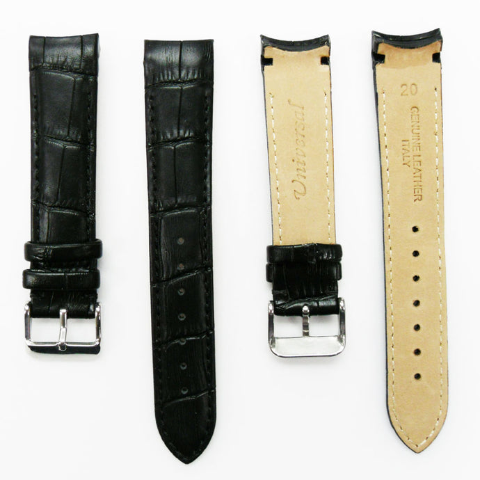 Alligator Curved Genuine Leather Watch Strap, Black Color, 20MM, Padded, Black Stitched, Regular Size, Silver Buckle, Watch Band Replacement