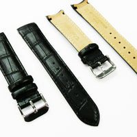 Alligator Curved Genuine Leather Watch Strap, Black Color, 20MM, Padded, Black Stitched, Regular Size, Silver Buckle, Watch Band Replacement