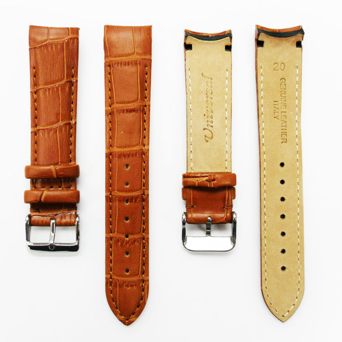 Alligator Curved Genuine Leather Watch Strap, 20MM, Light Brown Color, Padded, Brown Stitched, Regular Size, Silver Buckle, Watch Band Replacement