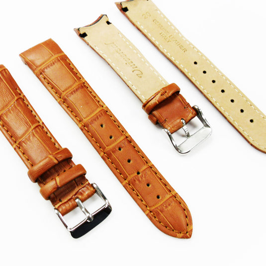 Alligator Curved Genuine Leather Watch Strap, 20MM, Light Brown Color, Padded, Brown Stitched, Regular Size, Silver Buckle, Watch Band Replacement