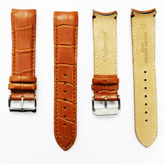 Alligator Curved Genuine Leather Watch Strap, 22MM, Light Brown Color, Padded, Brown Stitched, Regular Size, Silver Buckle, Watch Band Replacement