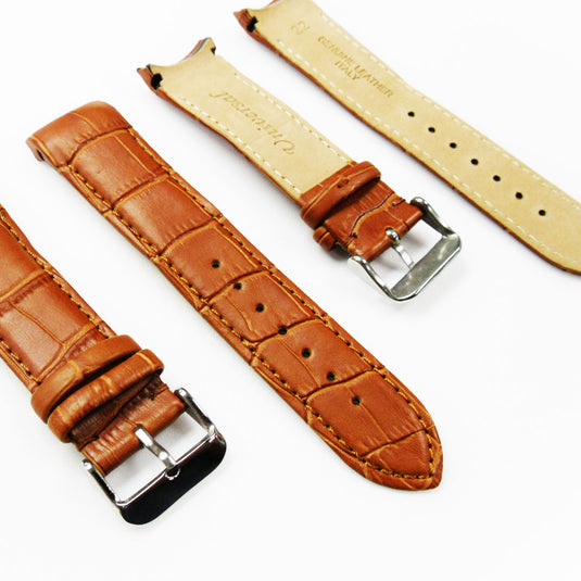 Alligator Curved Genuine Leather Watch Strap, 22MM, Brown Color, Padded, Brown Stitched, Regular Size, Silver Buckle, Watch Band Replacement