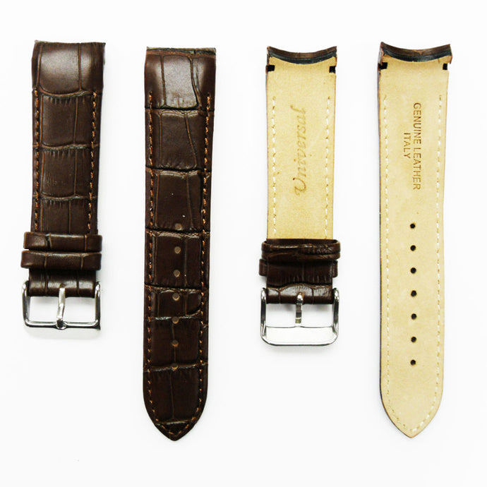 Alligator Curved Genuine Leather Watch Strap, 20MM, Brown Color, Padded, Brown Stitched, Regular Size, Silver Buckle, Watch Band Replacement