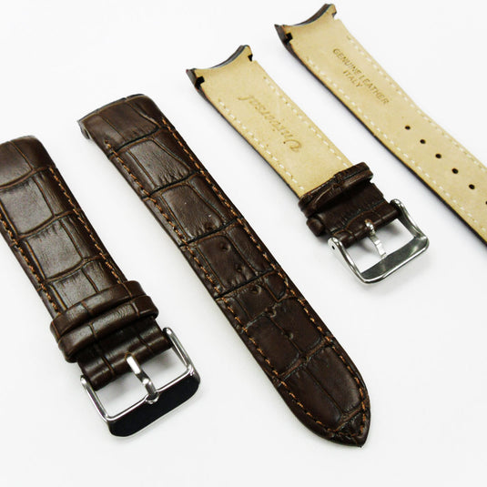 Alligator Curved Genuine Leather Watch Strap, 22MM, Light Brown Color, Padded, Brown Stitched, Regular Size, Silver Buckle, Watch Band Replacement