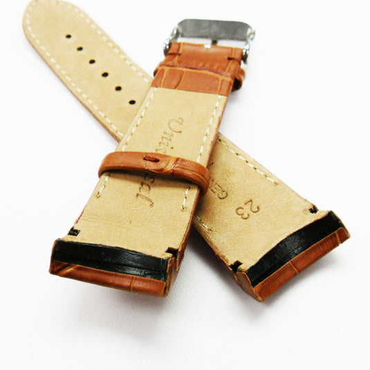 Alligator Curved Genuine Leather Watch Strap, 23MM, Light Brown Color, Padded, Brown Stitched, Regular Size, Silver Buckle, Watch Band Replacement