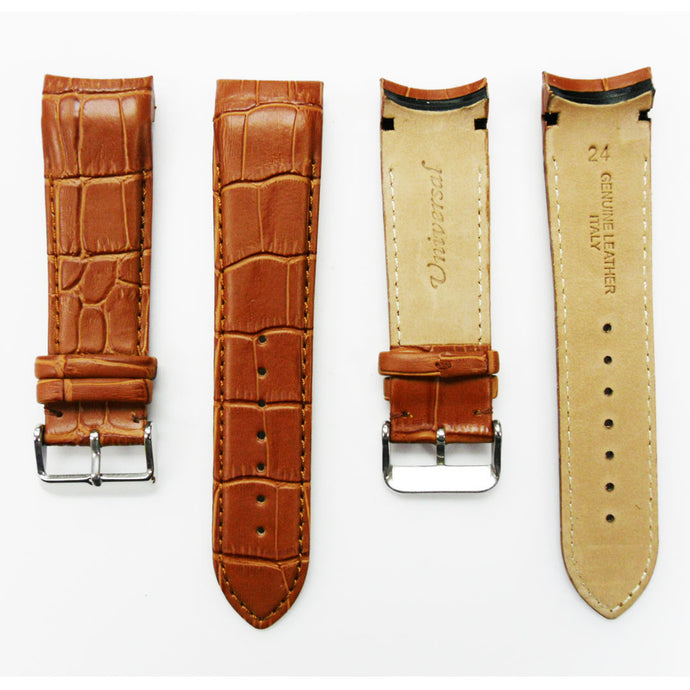 Alligator Curved Genuine Leather Watch Strap, 24MM, Light Brown Color, Padded, Brown Stitched, Regular Size, Silver Buckle, Watch Band Replacement