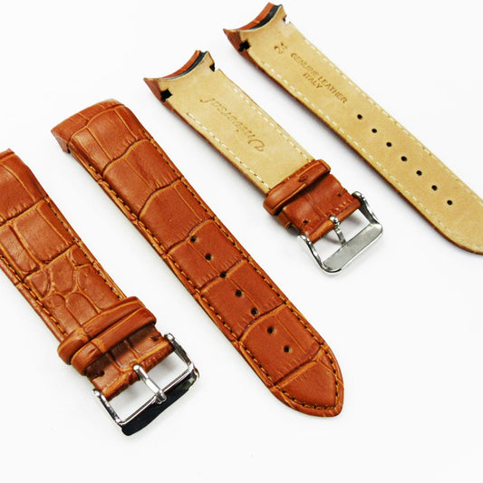 Alligator Curved Genuine Leather Watch Strap, 24MM, Light Brown Color, Padded, Brown Stitched, Regular Size, Silver Buckle, Watch Band Replacement - Universal Jewelers & Watch Tools Inc.