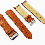 Alligator Curved Genuine Leather Watch Strap, 24MM, Light Brown Color, Padded, Brown Stitched, Regular Size, Silver Buckle, Watch Band Replacement