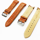 Alligator Curved Genuine Leather Watch Strap, 24MM, Light Brown Color, Padded, Brown Stitched, Regular Size, Silver Buckle, Watch Band Replacement