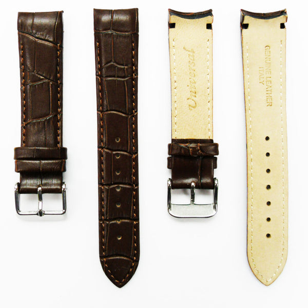 Alligator Curved Genuine Leather Watch Strap, 18MM, Dark Brown Color, Padded, Brown Stitched, Regular Size, Silver Buckle, Watch Band Replacement