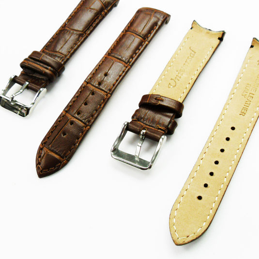 Alligator Curved Genuine Leather Watch Strap, 18MM, Brown Color, Padded, Brown Stitched, Regular Size, Silver Buckle, Watch Band Replacement