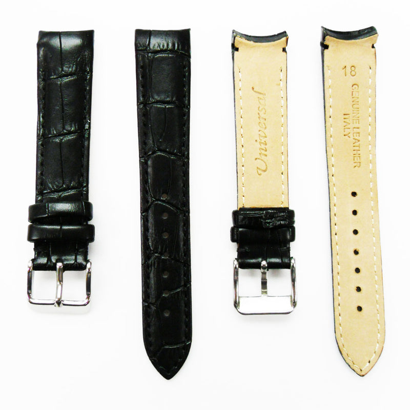 Load image into Gallery viewer, Alligator Curved Genuine Leather Watch Strap, 18MM, Black Color, Padded, Black Stitched, Regular Size, Silver Buckle, Watch Band Replacement
