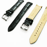 Alligator Curved Genuine Leather Watch Strap, 18MM, Black Color, Padded, Black Stitched, Regular Size, Silver Buckle, Watch Band Replacement