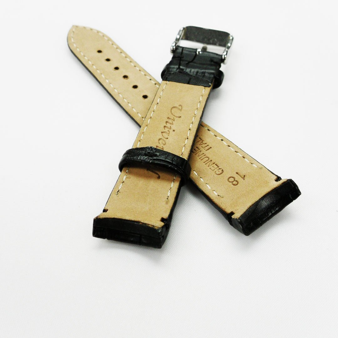 Alligator Curved Genuine Leather Watch Strap, 18MM, Dark Brown Color, Padded, Brown Stitched, Regular Size, Silver Buckle, Watch Band Replacement