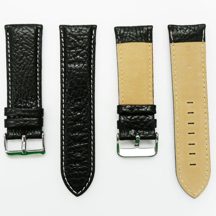 Leather Watch Band, 26MM, Black with Grain, Padded, Black and White Stitched, Regular Size, Leather Strap Replacement, Silver Buckle