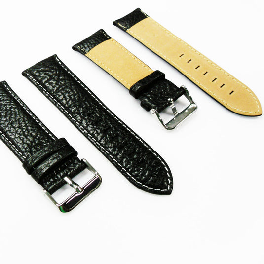 Leather Watch Band, 26MM, Black with Grain, Padded, Black and White Stitched, Regular Size, Leather Strap Replacement, Silver Buckle