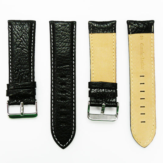 Leather Watch Band, 26MM, Black with Grain, Padded, Black and White Stitched, Regular Size, Leather Strap Replacement, Silver Buckle