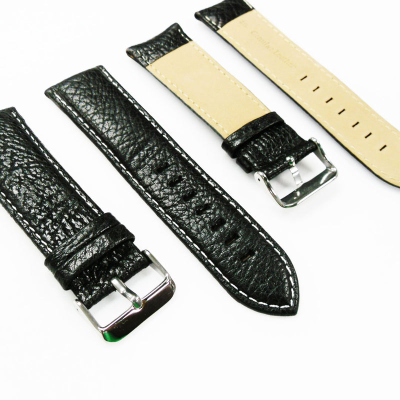 Load image into Gallery viewer, Leather Watch Band, 26MM, Black with Grain, Padded, Black and White Stitched, Regular Size, Leather Strap Replacement, Silver Buckle
