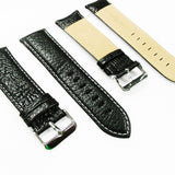 Leather Watch Band, 26MM, Black with Grain, Padded, Black and White Stitched, Regular Size, Leather Strap Replacement, Silver Buckle
