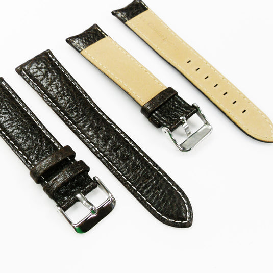 Leather Watch Band, 22MM, Brown with Grain, Padded, White and Brown Stitched, Regular Size, Leather Strap Replacement, Silver Buckle