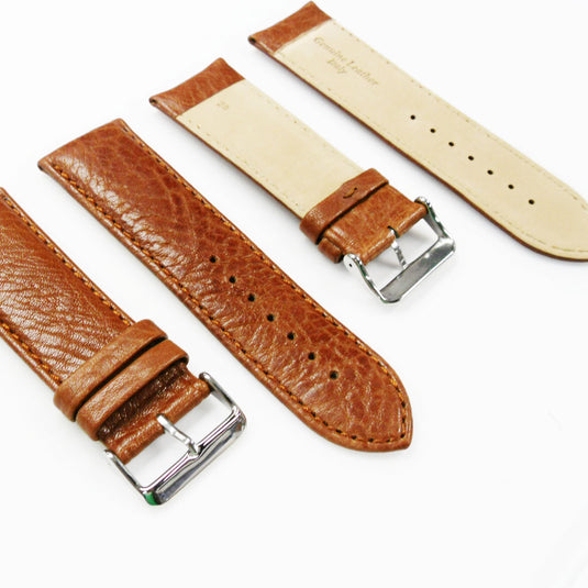 Leather Watch Band, 26MM, Light Brown with Grain, Padded, Brown Stitched, Regular Size, Leather Strap Replacement, Silver Buckle