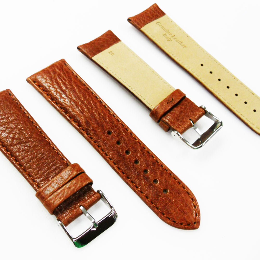 26MM Leather Watch Band Light Brown with Grain Padded Brown Stitched Regular Size Strap Replacement With Silver Buckle - Universal Jewelers & Watch Tools Inc.