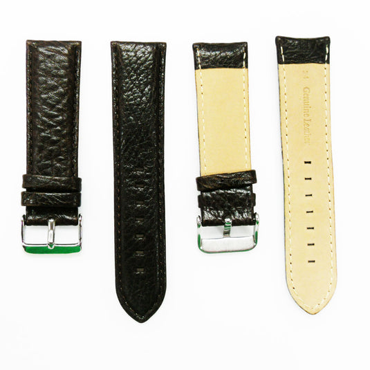 Leather Watch Band, 24MM, Brown with Grain, Padded, Brown Stitched, Regular Size, Leather Strap Replacement, Silver Buckle