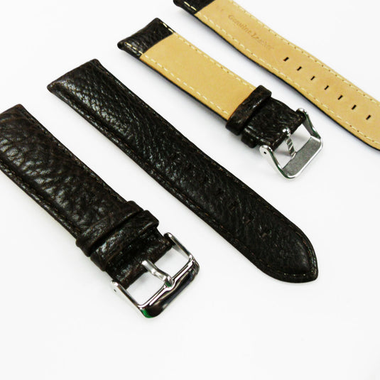 Leather Watch Band, 24MM, Brown with Grain, Padded, Brown Stitched, Regular Size, Leather Strap Replacement, Silver Buckle