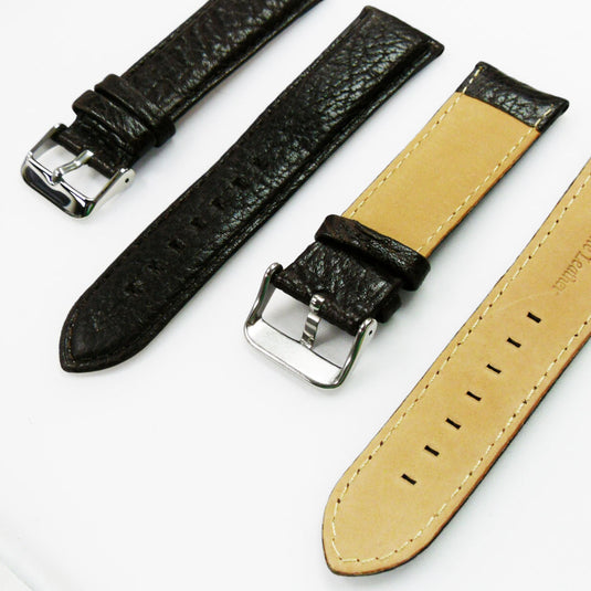 Leather Watch Band, 24MM, Brown with Grain, Padded, Brown Stitched, Regular Size, Leather Strap Replacement, Silver Buckle