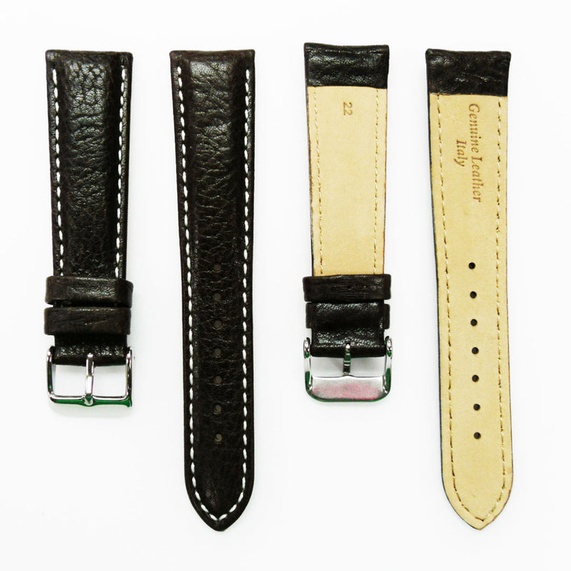 Load image into Gallery viewer, Leather Watch Band, 22MM, Brown with Grain, Padded, White and Brown Stitched, Regular Size, Leather Strap Replacement, Silver Buckle
