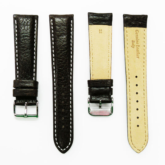 Leather Watch Band, 22MM, Brown with Grain, Padded, White and Brown Stitched, Regular Size, Leather Strap Replacement, Silver Buckle