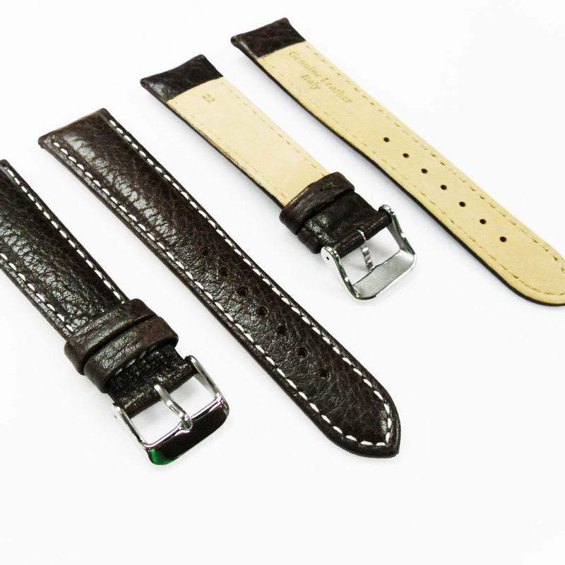 Load image into Gallery viewer, Leather Watch Band, 22MM, Brown with Grain, Padded, White and Brown Stitched, Regular Size, Leather Strap Replacement, Silver Buckle
