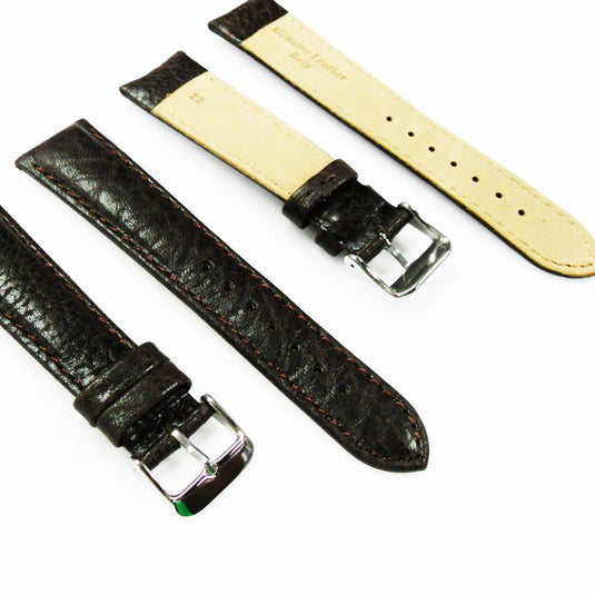 Leather Watch Band, 22MM, Brown with Grain, Padded, White and Brown Stitched, Regular Size, Leather Strap Replacement, Silver Buckle