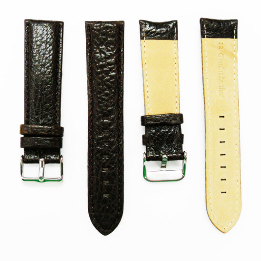 Leather Watch Band, 22MM, Brown with Grain, Padded, White and Brown Stitched, Regular Size, Leather Strap Replacement, Silver Buckle